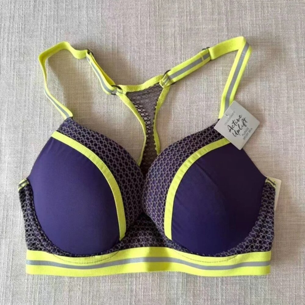 NWT On Gossamer Uplift Push Up Plunge Sports Bra SZ 32C Neon Yellow Purple